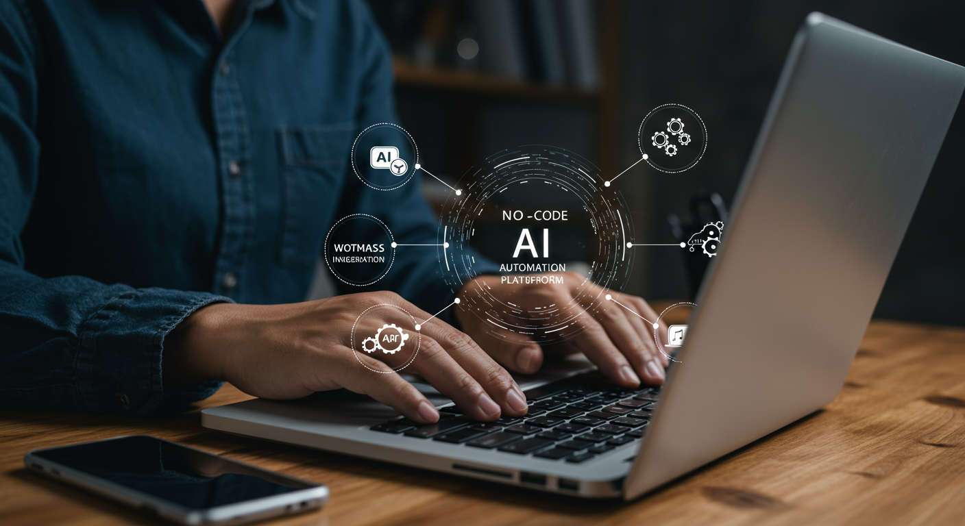 Small business owner using a no-code AI automation platform on a laptop, with icons representing AI tasks, WordPress and Shopify integration, and workflow automation around them