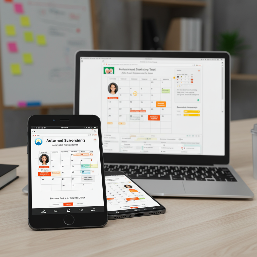 An AI-powered scheduling tool interface on a smartphone and laptop, showing automated appointment bookings and reminders, with a small business environment in the background