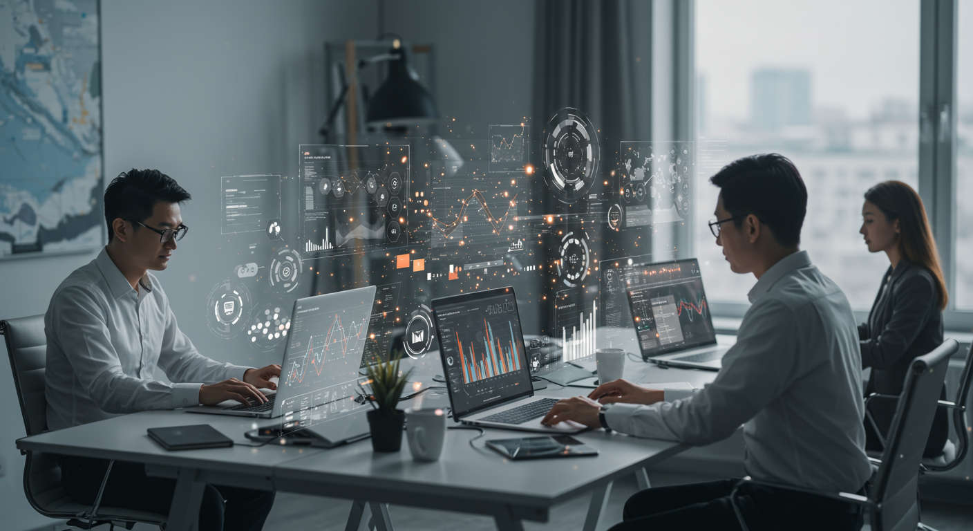 AI virtual employees working on laptops and digital screens showing business data, keywords, and automation for small businesses and startups in a modern office setting