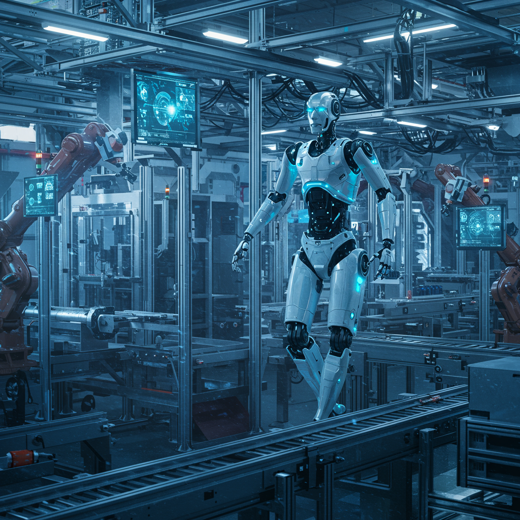 A futuristic robot autonomously navigating a complex industrial environment with AI-driven decision-making, showcasing advanced robotics technology and intelligent automation.
