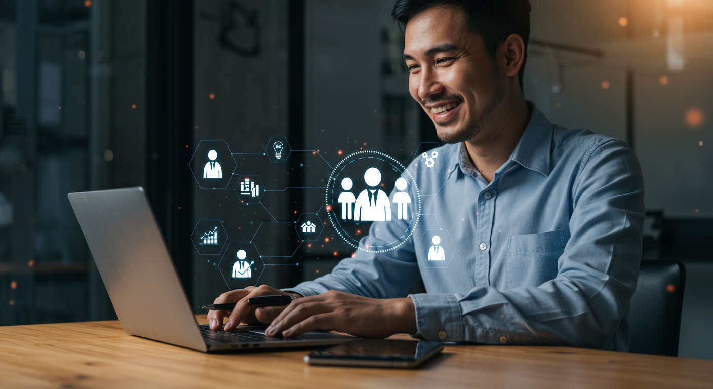 A small business owner happily working on a laptop with AI virtual employee icons around, representing automation and efficiency in a modern office environment