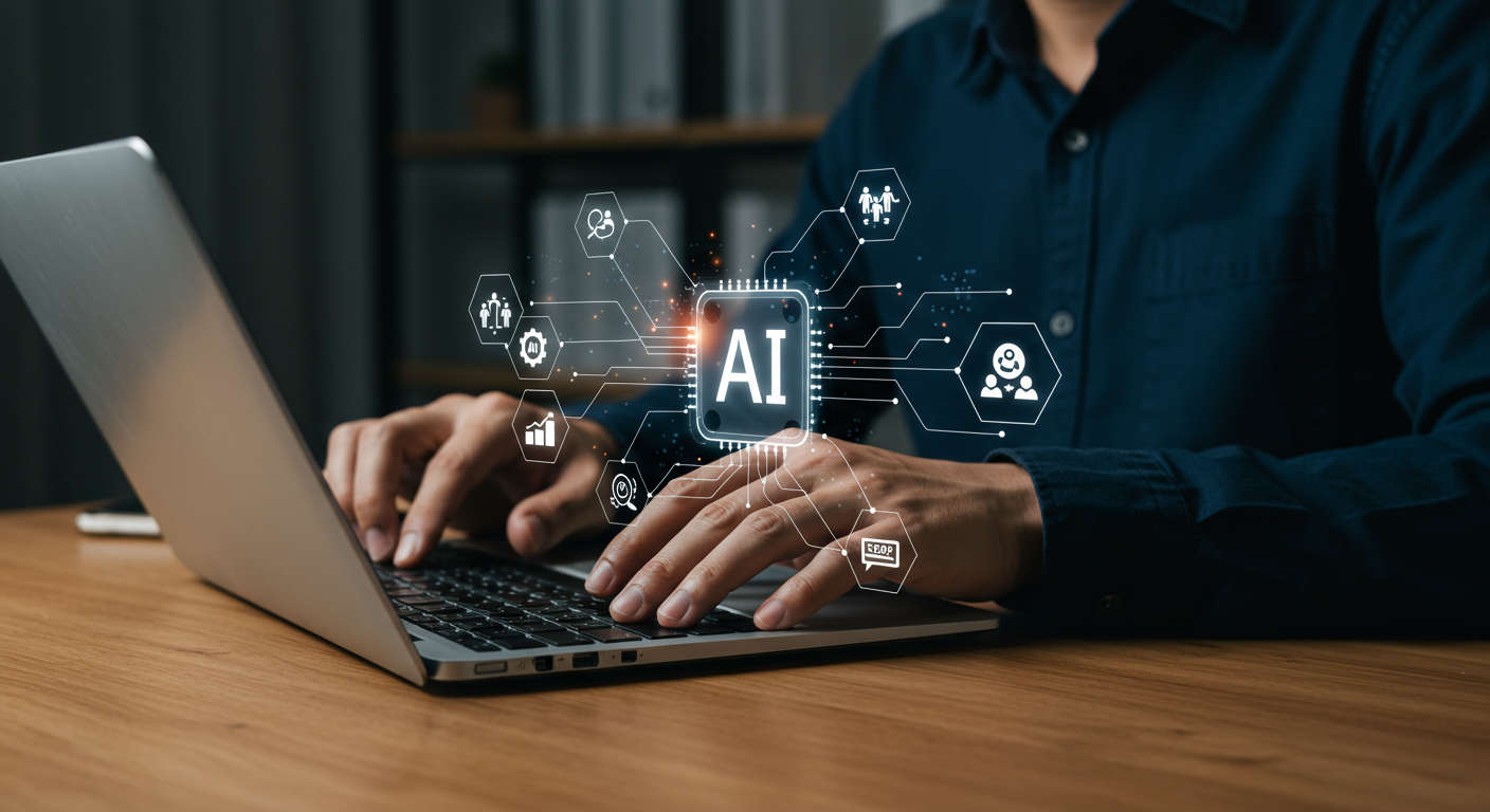 Small business owner using AI virtual employees on a laptop to automate SEO content creation and lead generation in a modern office setting