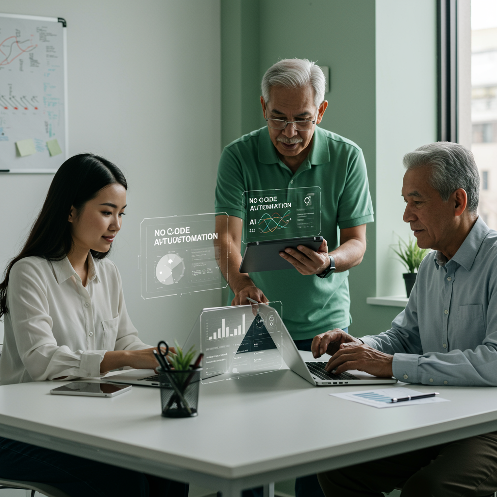 A small business sales and marketing team using no-code AI automation tools on laptops and tablets in a modern office environment, showing collaboration and technology integration