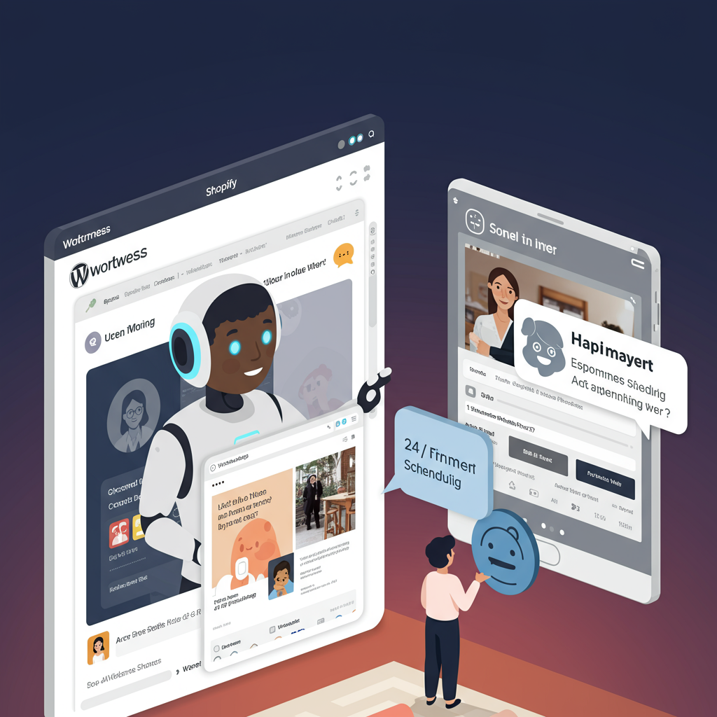 An AI virtual employee interacting with customers on a WordPress and Shopify interface, highlighting seamless integration and 24/7 automation for appointment scheduling