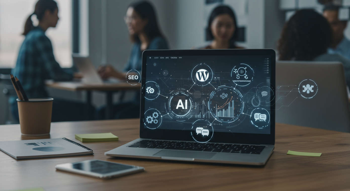 Modern small business office with laptop showing WordPress dashboard, surrounded by AI automation, SEO, and blogging icons, illustrating efficient AI-driven content creation for startups and SMBs