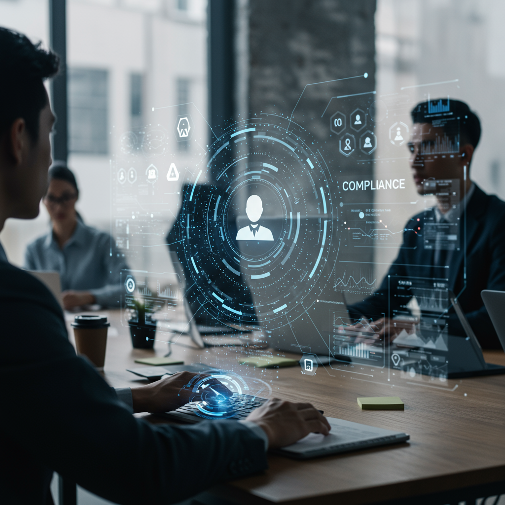 A futuristic AI virtual employee working autonomously on compliance tasks in a small business office, with digital screens showing regulatory data and alerts, modern technology setting, diverse team in the background