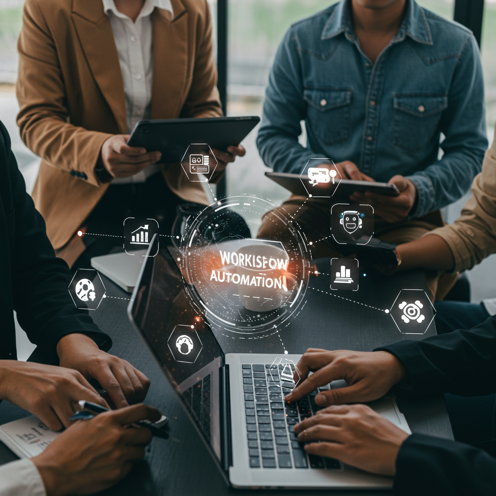 Diverse small business owners collaborating with AI automation tools in a modern office, surrounded by icons representing workflow automation, customer service, e-commerce, compliance, and productivity.