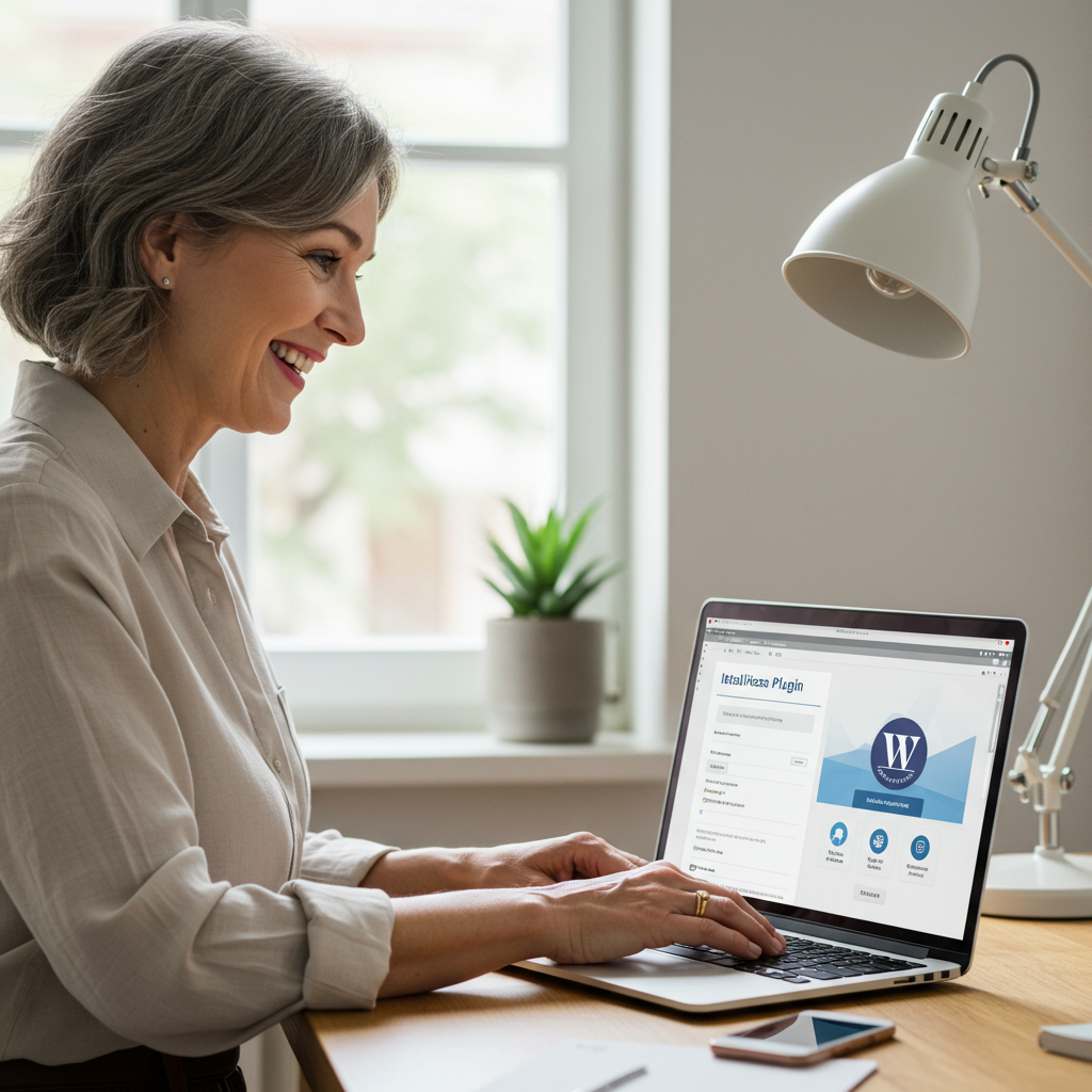 A small business owner happily installing a WordPress plugin on their laptop, with a user-friendly interface on the screen showing easy setup steps, bright and welcoming environment
