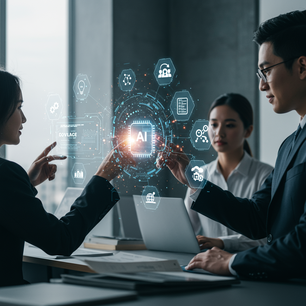 Diverse professionals interacting with AI automation systems in a futuristic office, highlighting compliance, governance, audit trails, and risk management.
