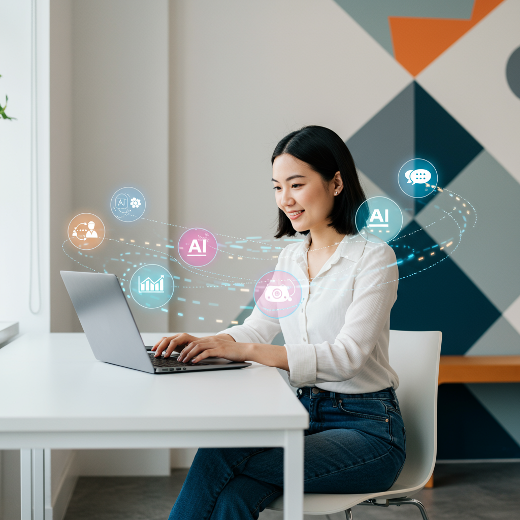 A small business owner using a laptop with AI digital assistant icons around, symbolising AI agents helping with marketing, sales, and customer service automation in a modern office setting