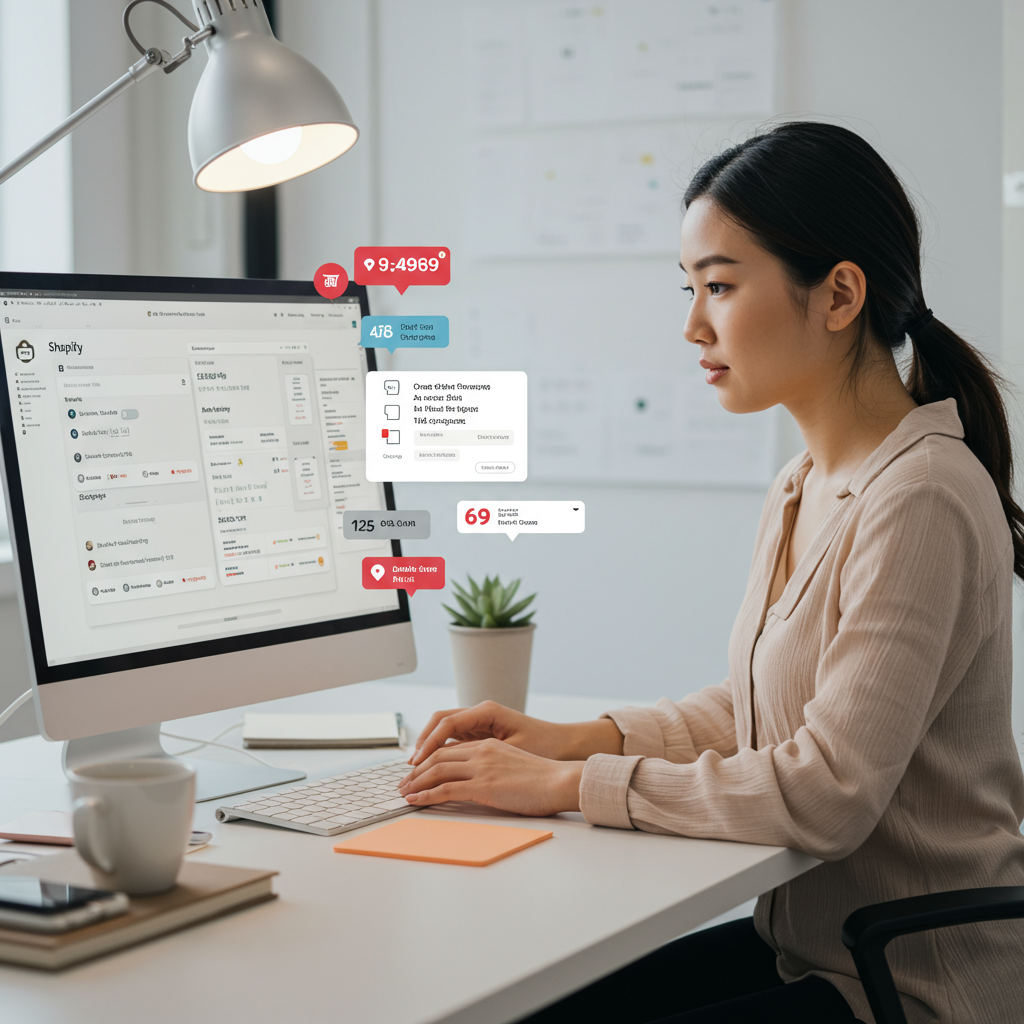 An e-commerce store owner managing Shopify orders and inventory automation on a computer, with digital elements showing order processing, stock updates, and customer notifications, bright and professional environment