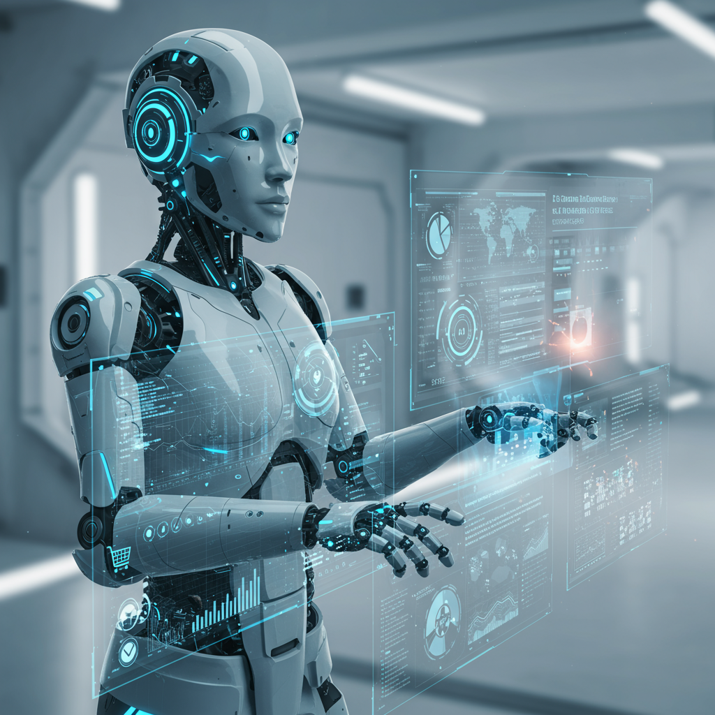 An AI virtual employee represented as a futuristic digital assistant monitoring e-commerce transactions on multiple screens, with compliance alerts and automated reports in a sleek tech environment