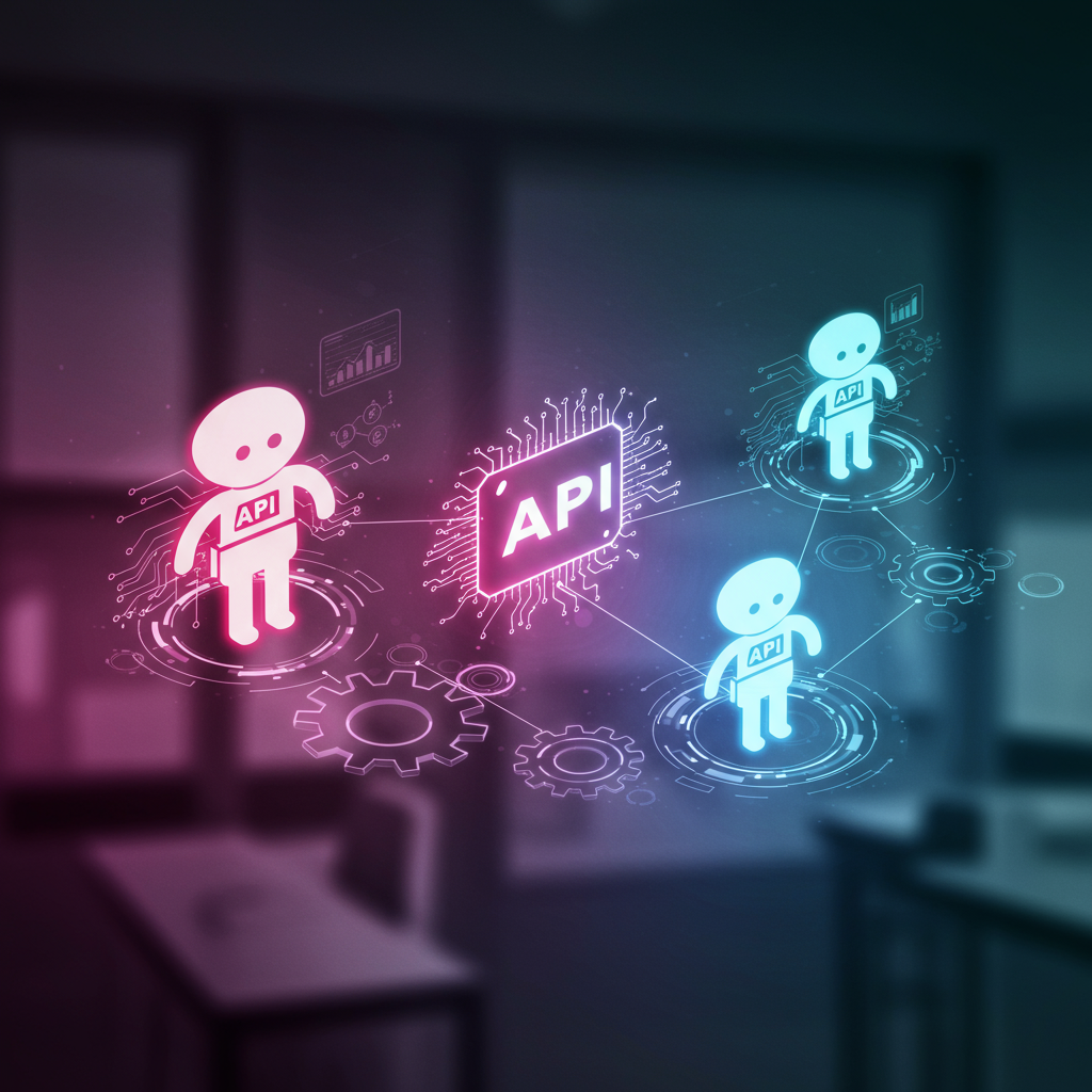 An integration concept showing AI agents connecting through APIs with real-time data flow, automating workflows in a business environment, highlighting smart automation and AI collaboration