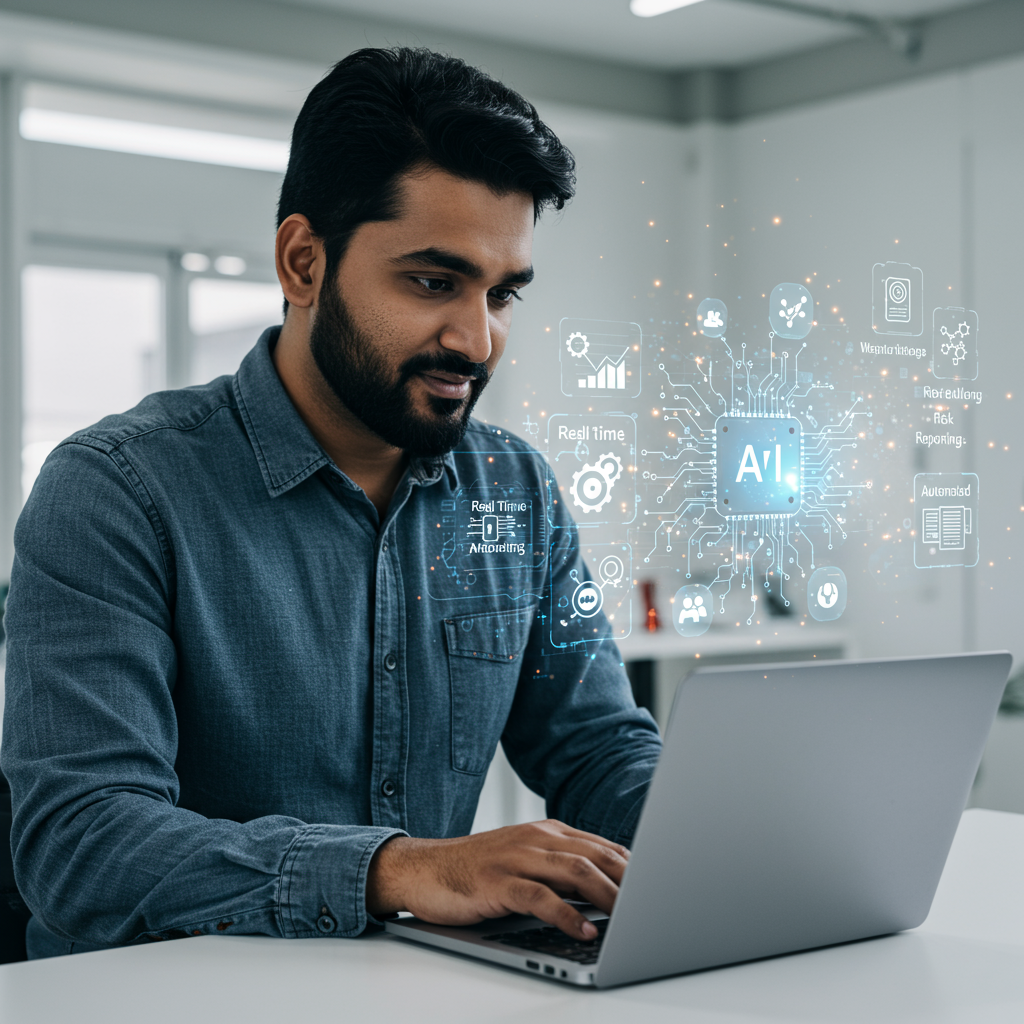 An SME owner analysing AI compliance automation tools on a laptop, surrounded by icons representing real-time monitoring, risk alerts, and automated reporting in a modern business environment