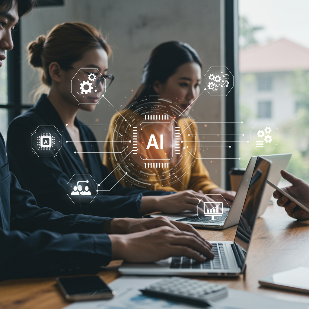 A modern office workspace with diverse small business professionals collaborating, using laptops and digital devices, surrounded by AI and technology icons symbolising AI agents, automation, data insights, and workflow optimisation.