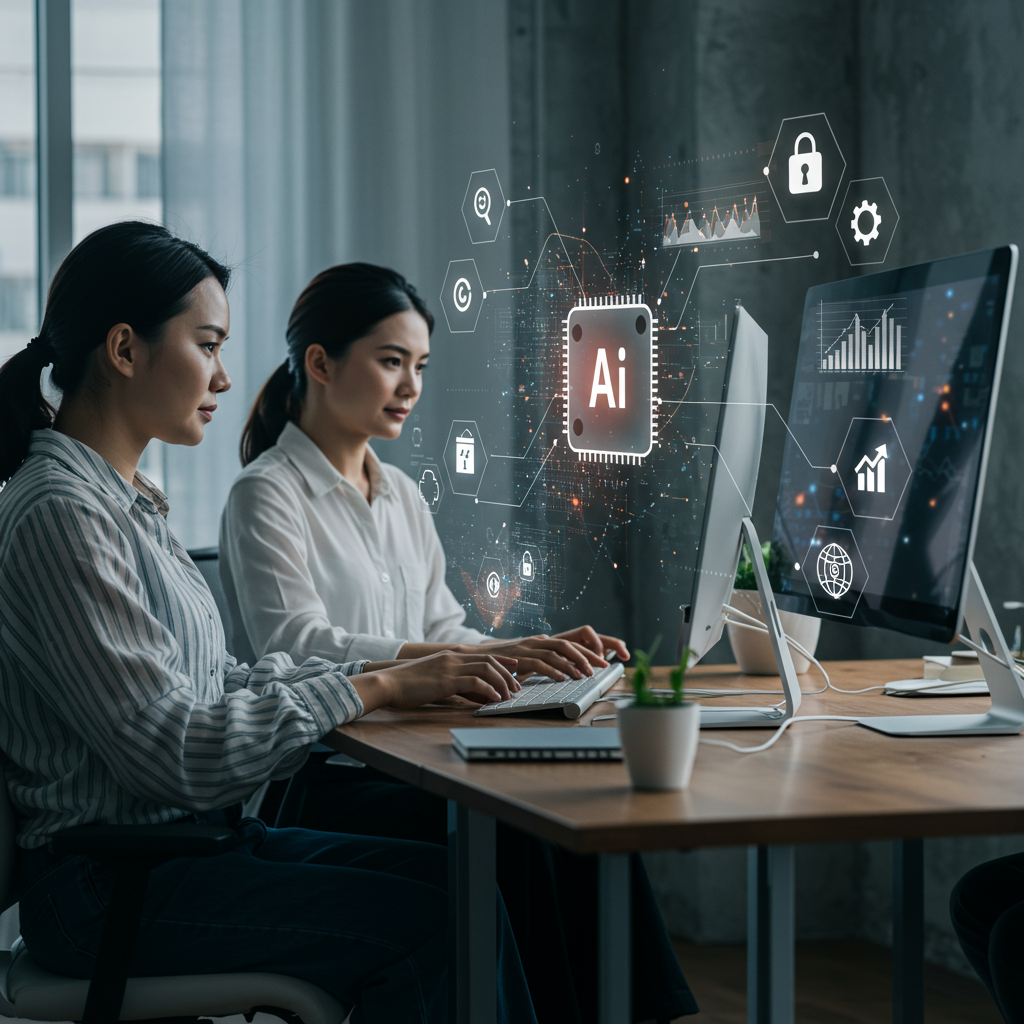 Diverse small business professionals in a modern office using AI technology with digital compliance icons and futuristic data visuals representing AI compliance automation for SMEs ensuring safety and growth