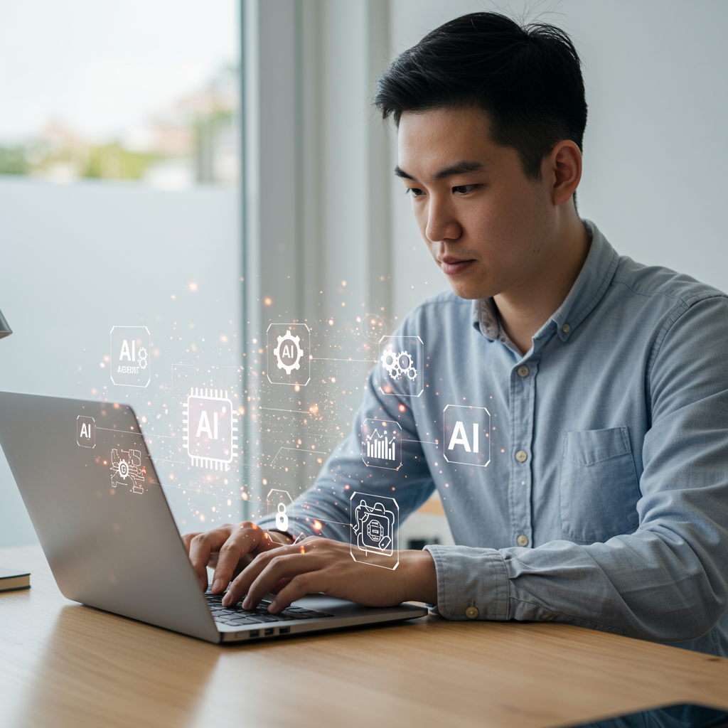 A small business owner using AI content automation on a laptop, with digital icons representing AI agents, generative AI, and natural language processing around them, bright and modern style