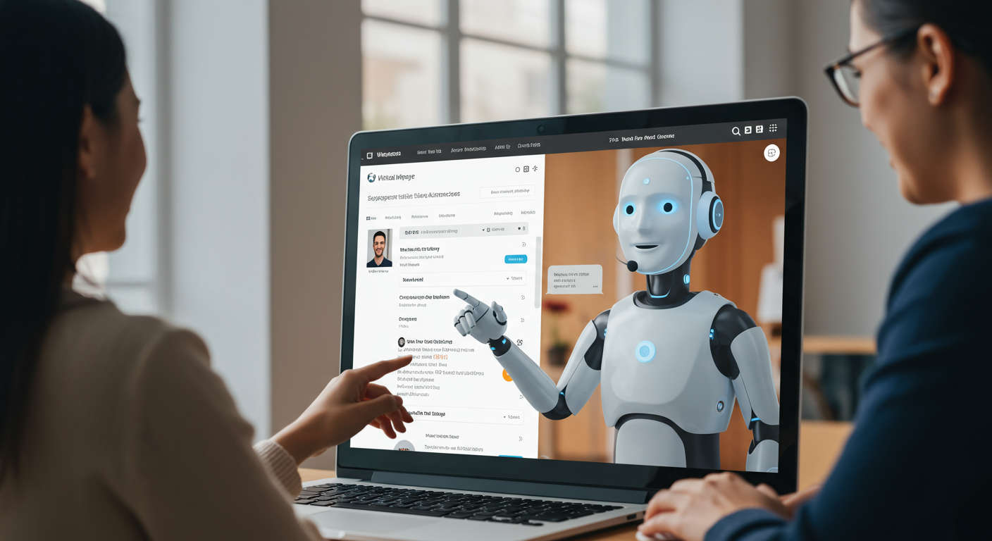 AI virtual employee assisting customers on a WordPress website, showing chatbot interaction and support ticket automation