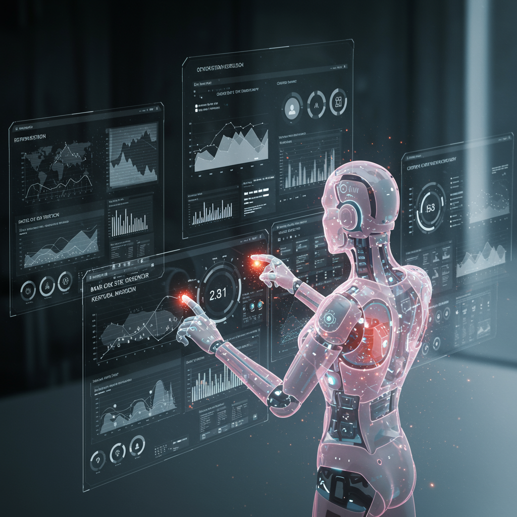 An AI virtual assistant managing marketing tasks on multiple screens, showing keyword optimisation, content creation, and audience segmentation for boosting organic traffic.