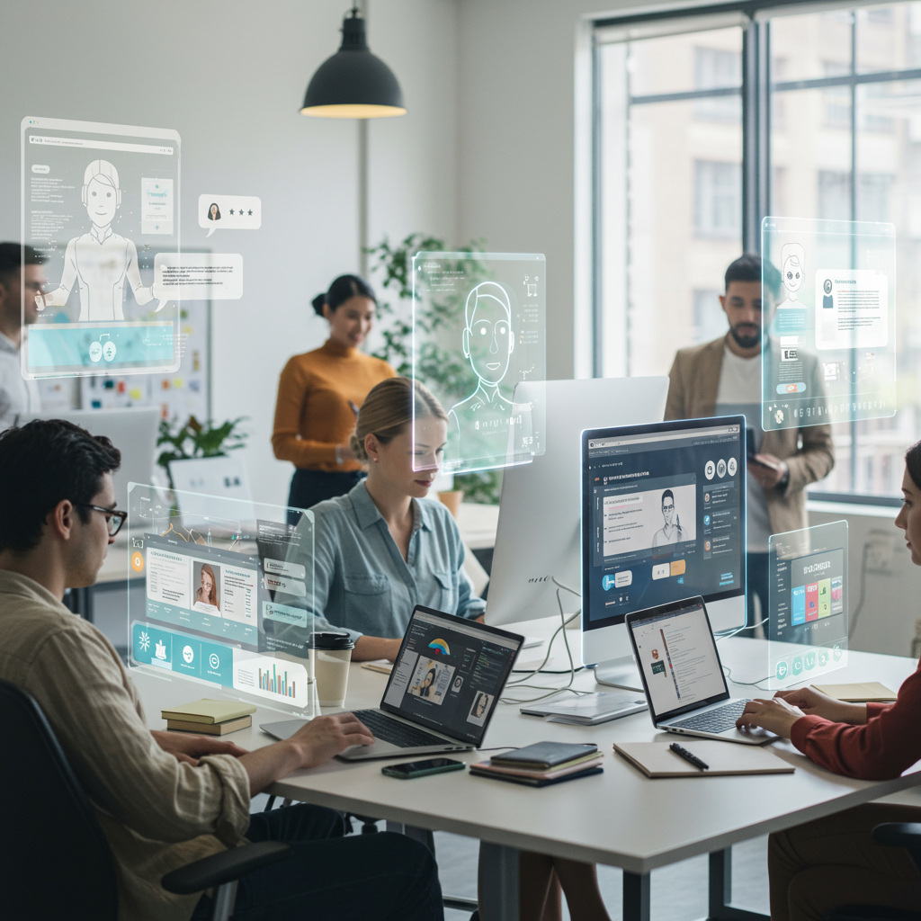 An SME marketing team integrating AI automation with Shopify and WordPress plugins, showing a seamless digital workflow with AI agents managing customer interactions and personalised campaigns on multiple devices