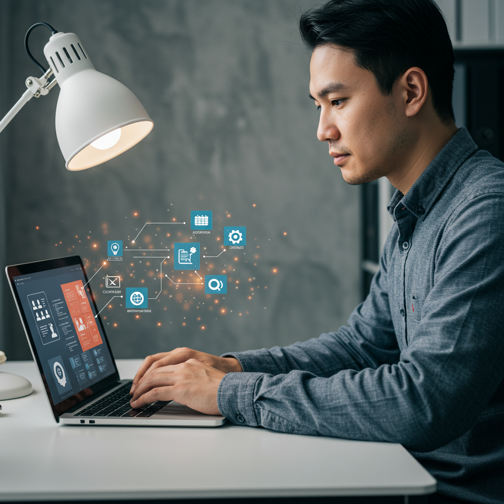 A small business owner using AI workflow automation tools on a laptop, with icons representing appointment scheduling, customer queries, and feedback collection in a modern office environment