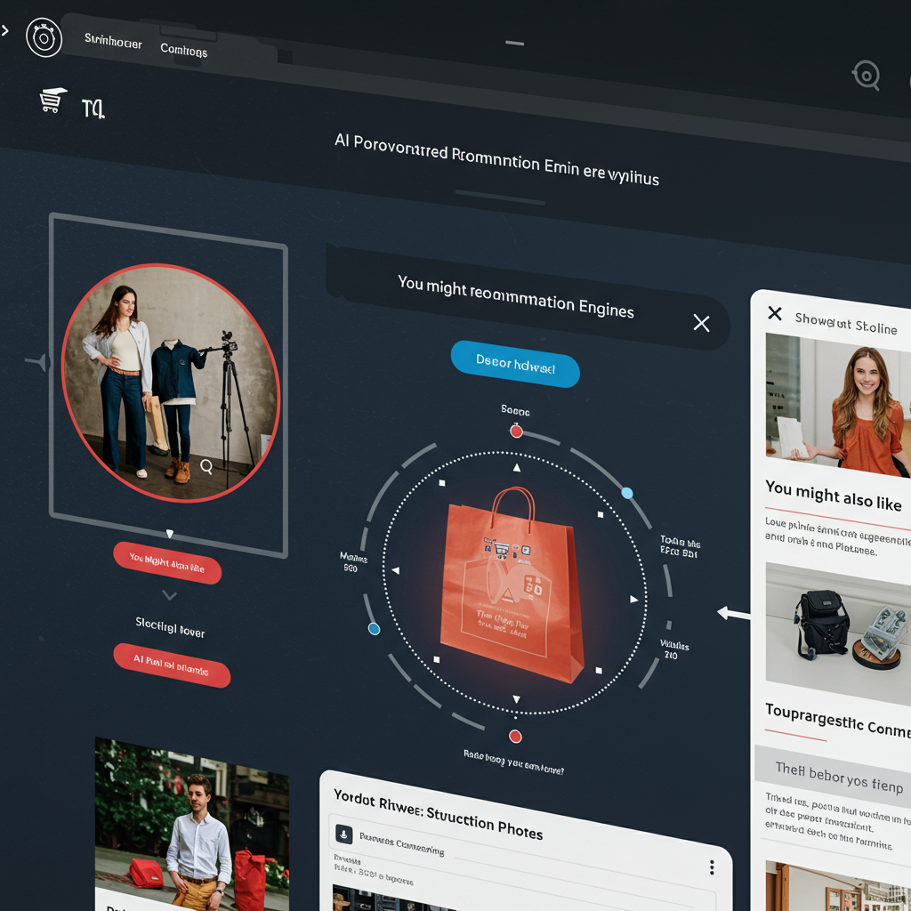 An AI-powered product recommendation engine in action on an online shopping website, showing personalised product suggestions based on customer behaviour and purchase history