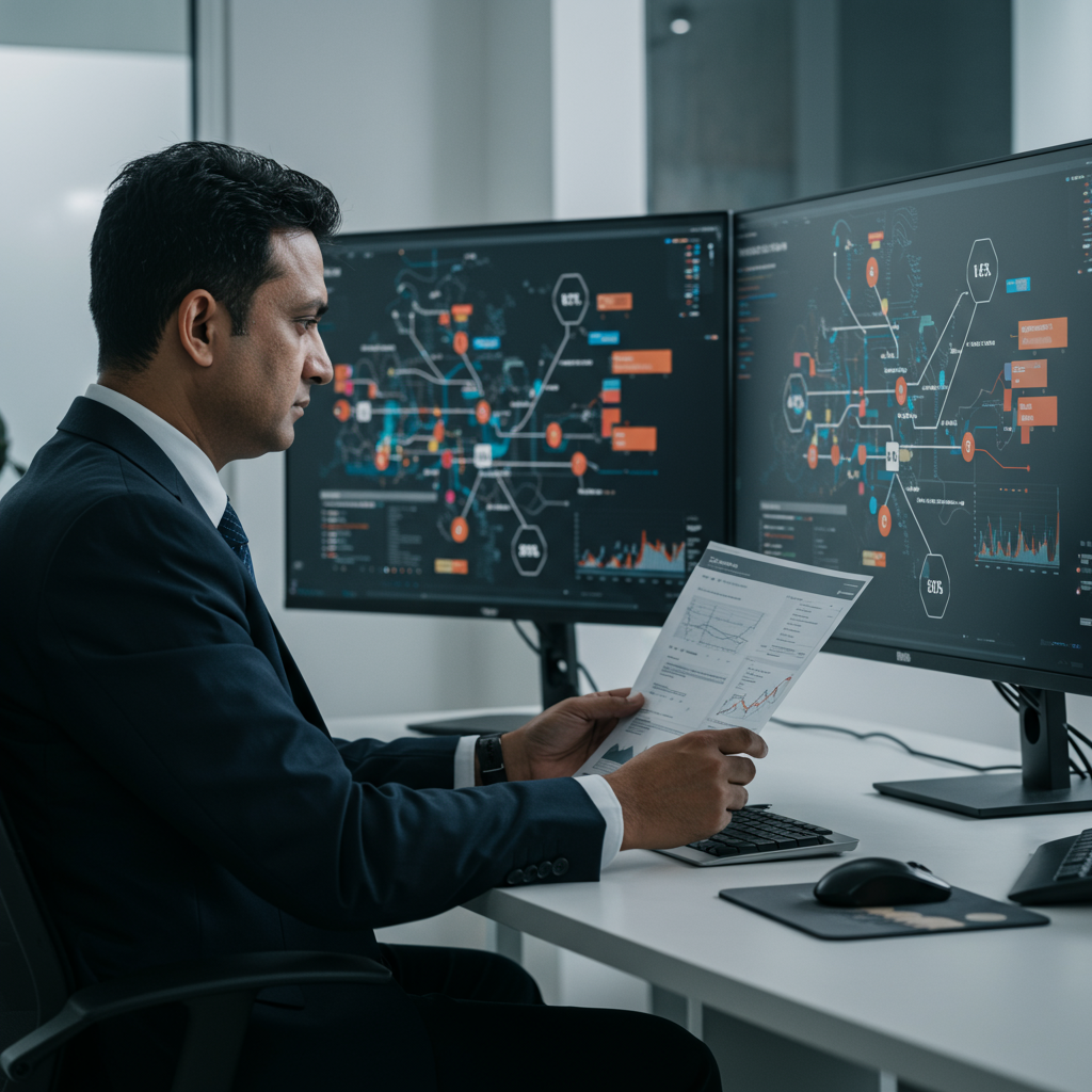 A transparent digital audit trail in an AI system, showing logs and data flows with a business professional reviewing compliance reports, emphasising transparency and regulatory oversight in AI automation