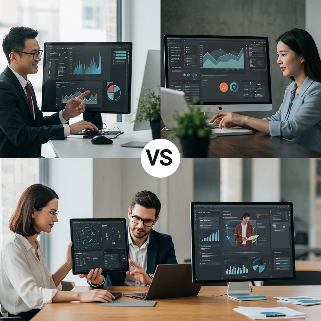 A comparison of popular no-code AI workflow automation platforms for SMEs, showing diverse business owners interacting with different software on various devices, highlighting ease of use and integration capabilities, in a bright and professional environment