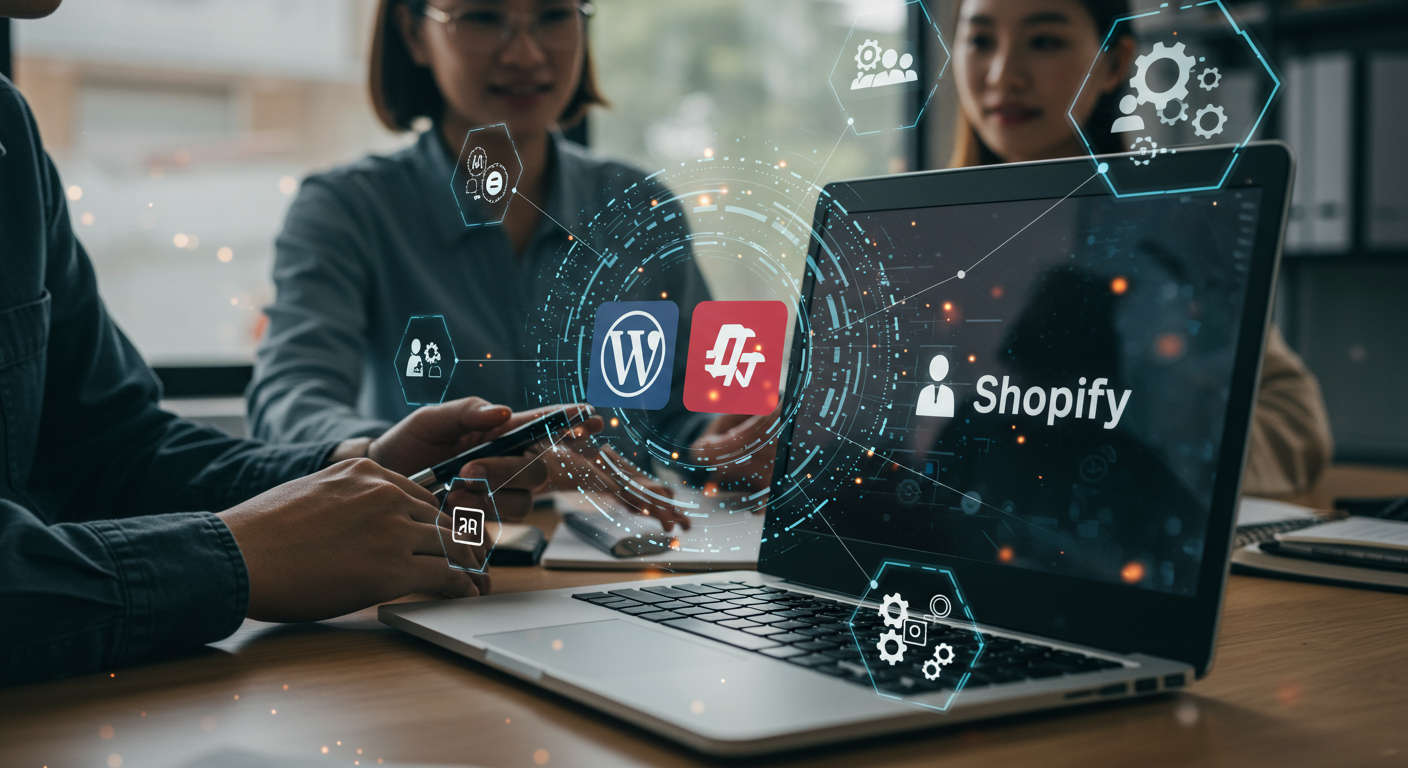 Modern small business office with laptop showing WordPress and Shopify logos, surrounded by digital AI automation and workflow icons, symbolising efficiency and growth