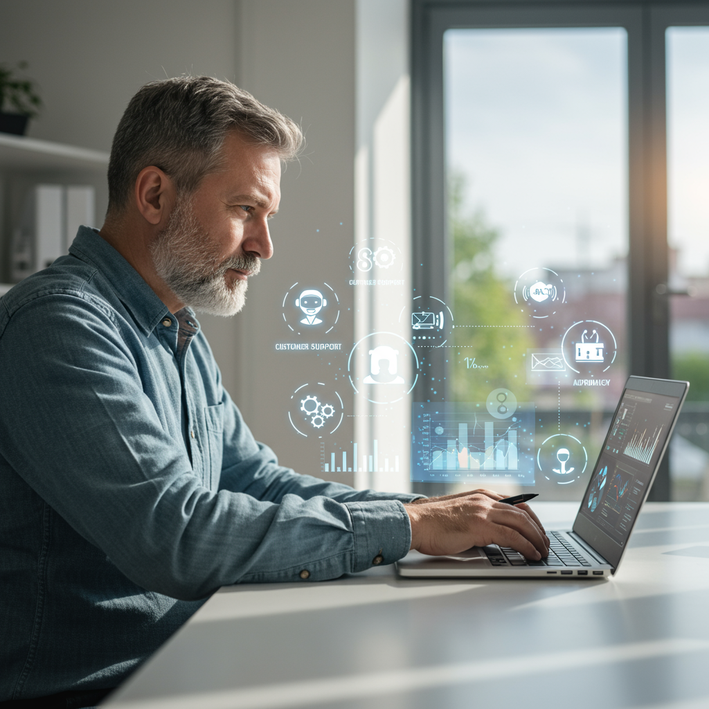 A small business owner using AI virtual employees on a laptop, surrounded by icons representing customer support, compliance, and e-commerce automation in a modern office setting