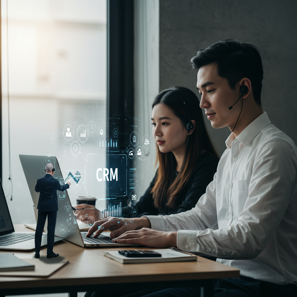 A modern small business office with AI agents working on CRM systems, showing automation of marketing, sales, and customer service workflows, diverse team collaborating with technology, digital interface with customer data and analytics, futuristic but realistic style
