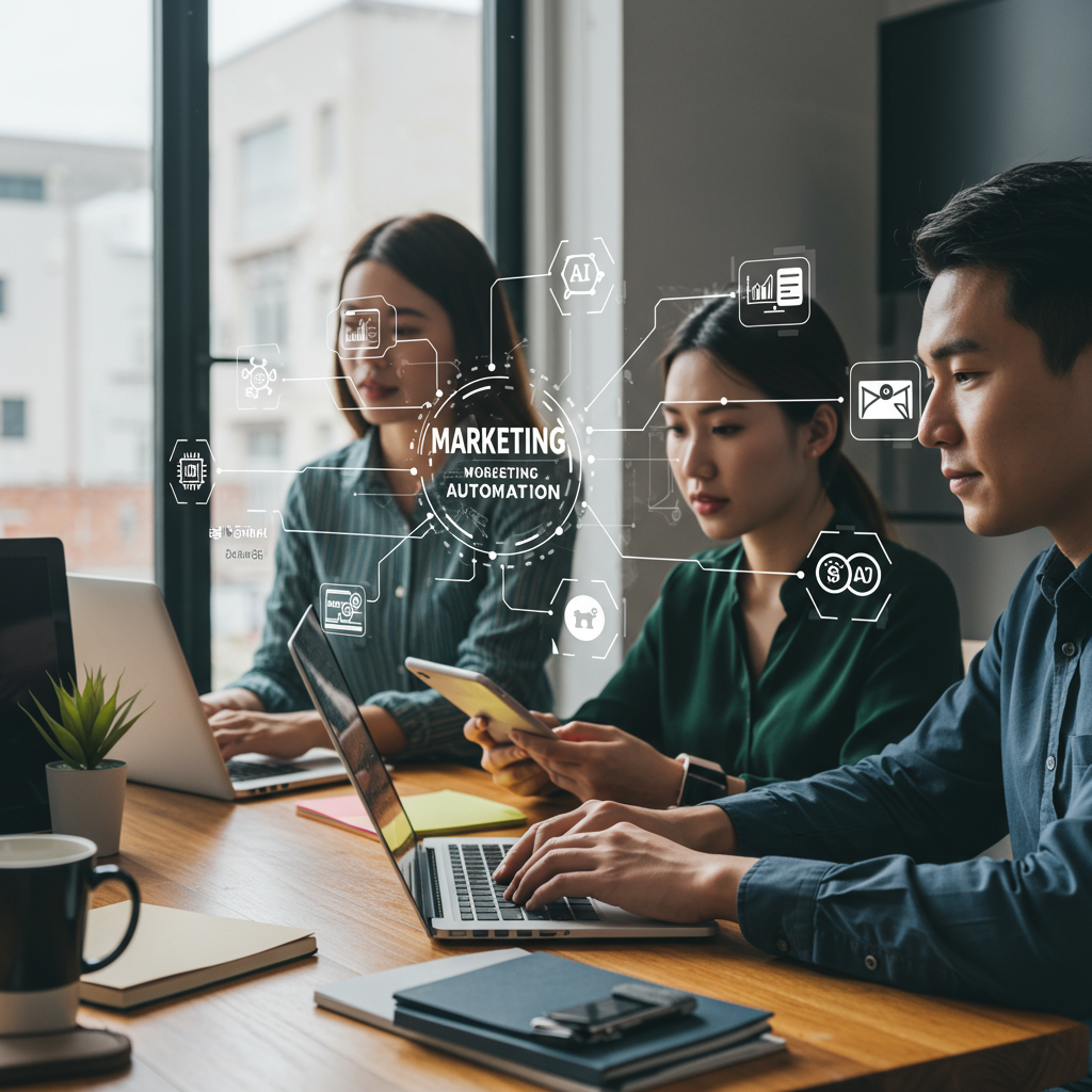 Diverse small business team collaborating on AI marketing automation with digital devices, showcasing workflow automation and integration with Shopify and WordPress platforms.