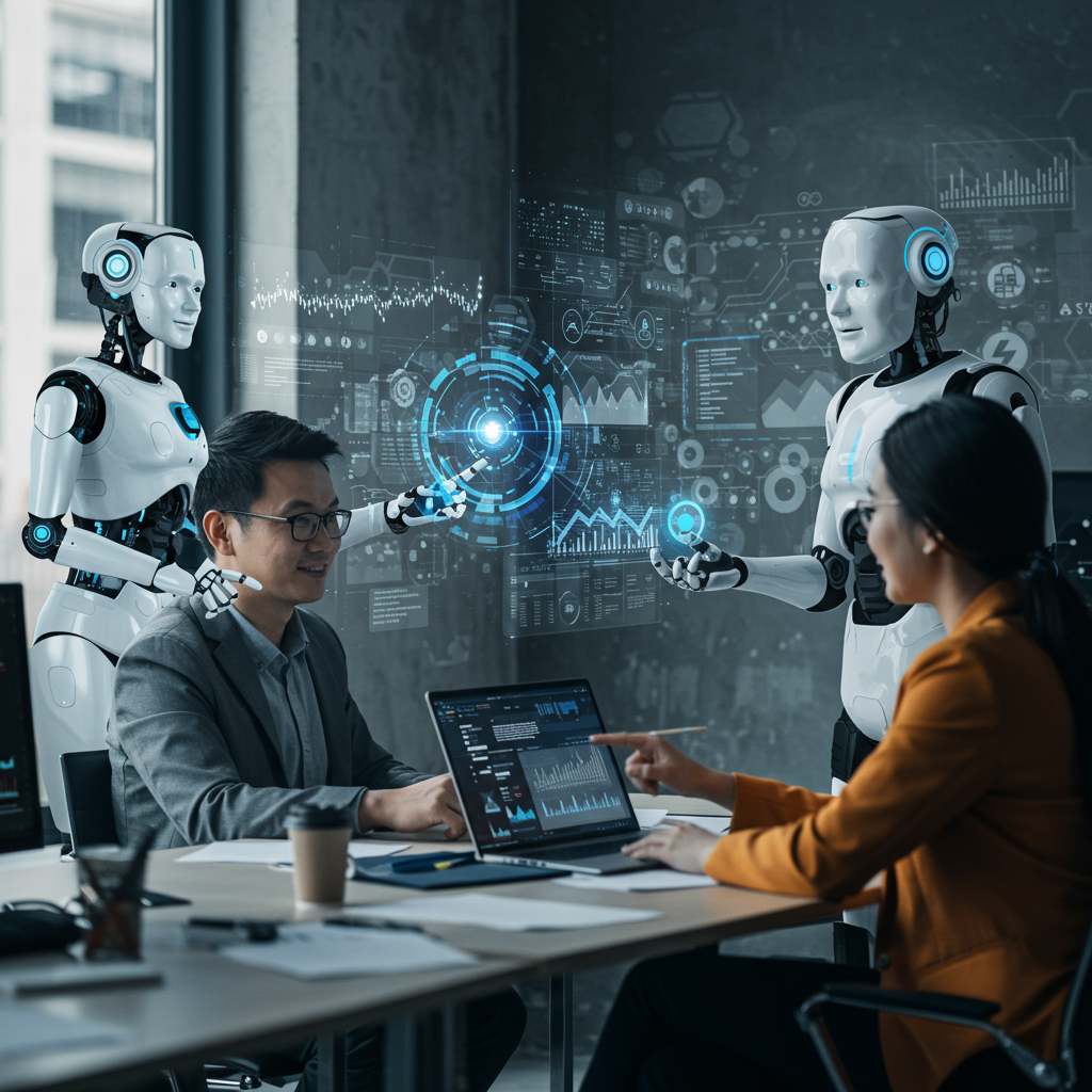 Futuristic digital marketplace with diverse AI agents interacting with small and medium business owners in a modern office environment, symbolising AI automation and business innovation