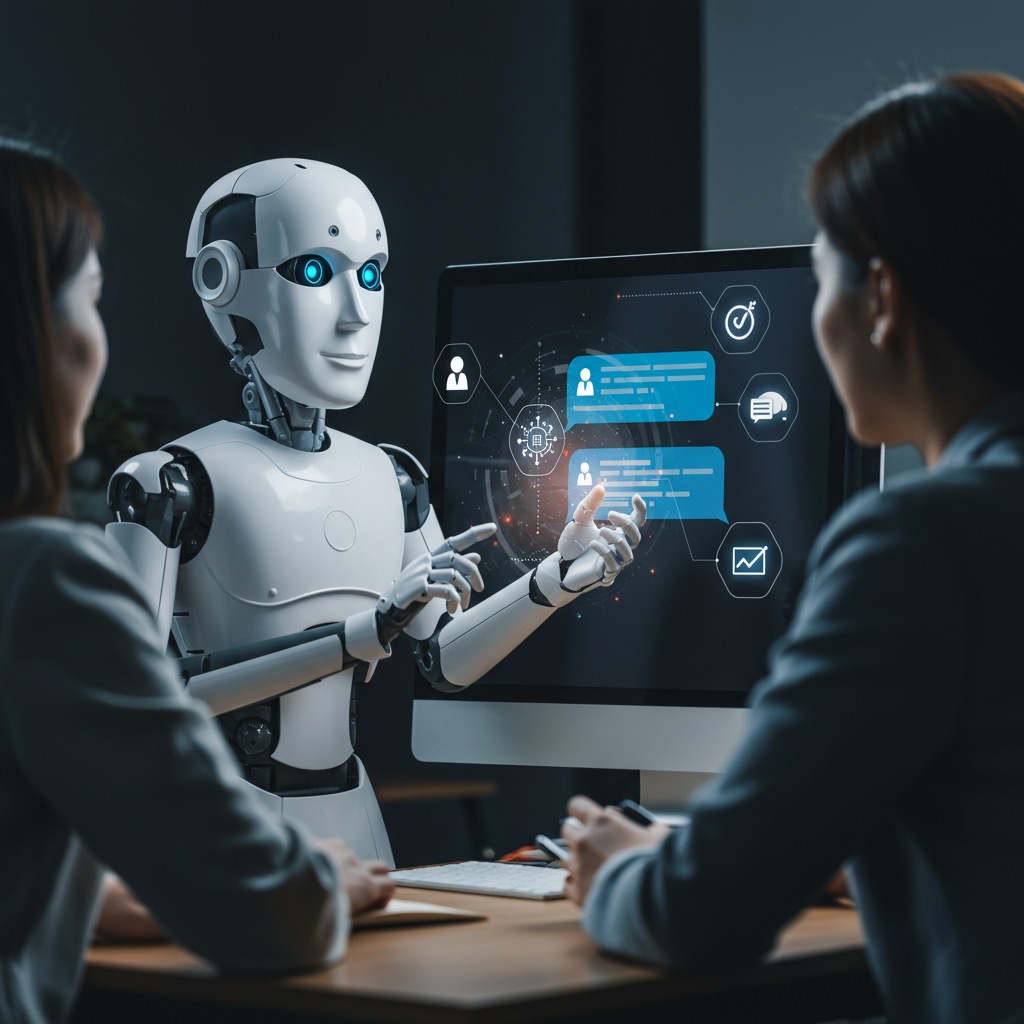 A friendly AI virtual employee chatbot interacting with customers on a computer screen in a small business office setting, showing natural language processing and machine learning concepts visually through icons and customer satisfaction symbols