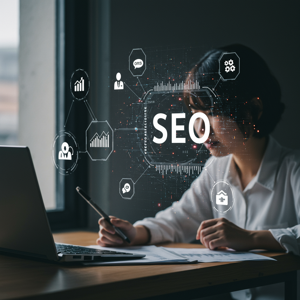 Futuristic digital workspace with AI agents managing SEO tasks, abstract data visualisations, and automation icons representing AI-driven SEO automation and workflow management.