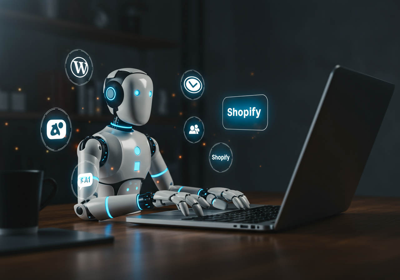 A friendly AI virtual employee working autonomously on a laptop, surrounded by icons representing WordPress and Shopify, symbolising no-code AI automation for small businesses and startups