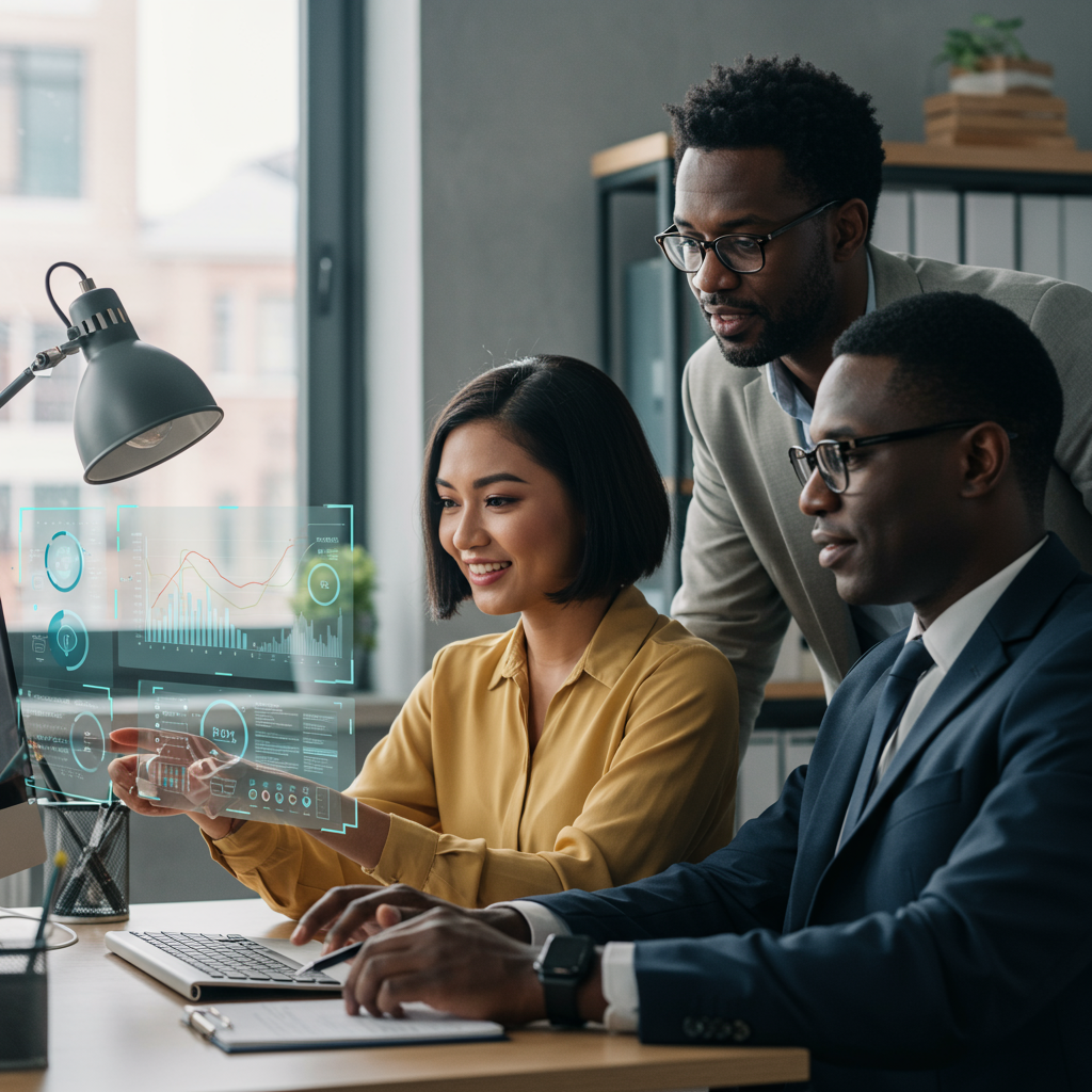 A small business office with AI technology assisting compliance tasks, showing a diverse team working efficiently with digital interfaces and automated compliance tools in the background