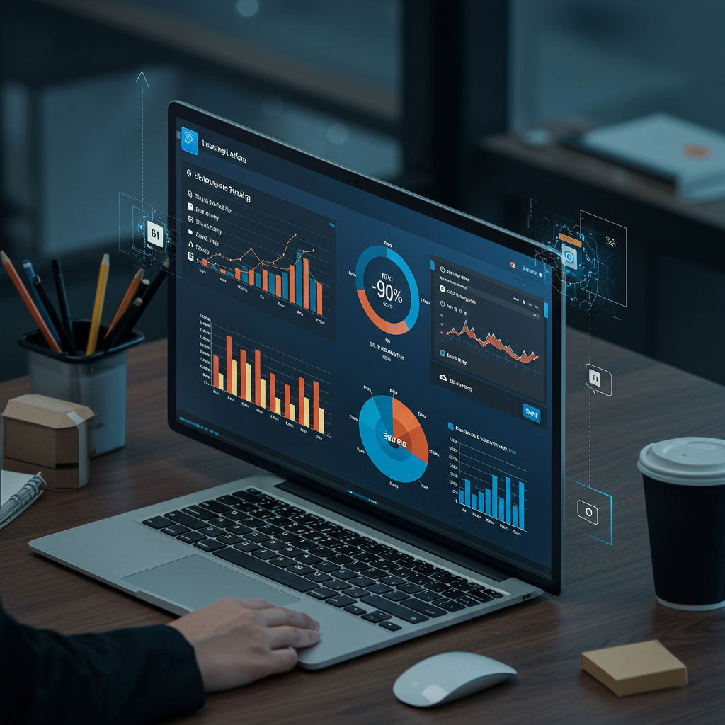 Integration of AI with business systems like Salesforce Commerce Cloud, showing real-time data such as shipment tracking and inventory monitoring on digital dashboards in a SME business setting