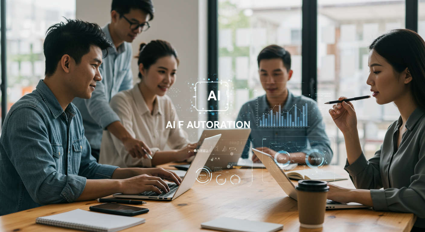 Modern AI automation dashboard with diverse small business team analysing performance metrics in a bright office environment