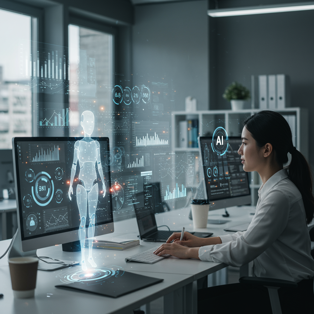 A modern small business office environment with AI technology assisting employees, showing digital interfaces and data analytics on screens, representing AI agents driving SME growth