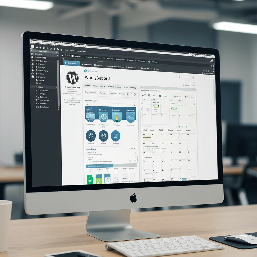 A WordPress dashboard on a computer screen showing seamless integration with an AI content automation plugin, with content management and optimisation elements visible, modern office background