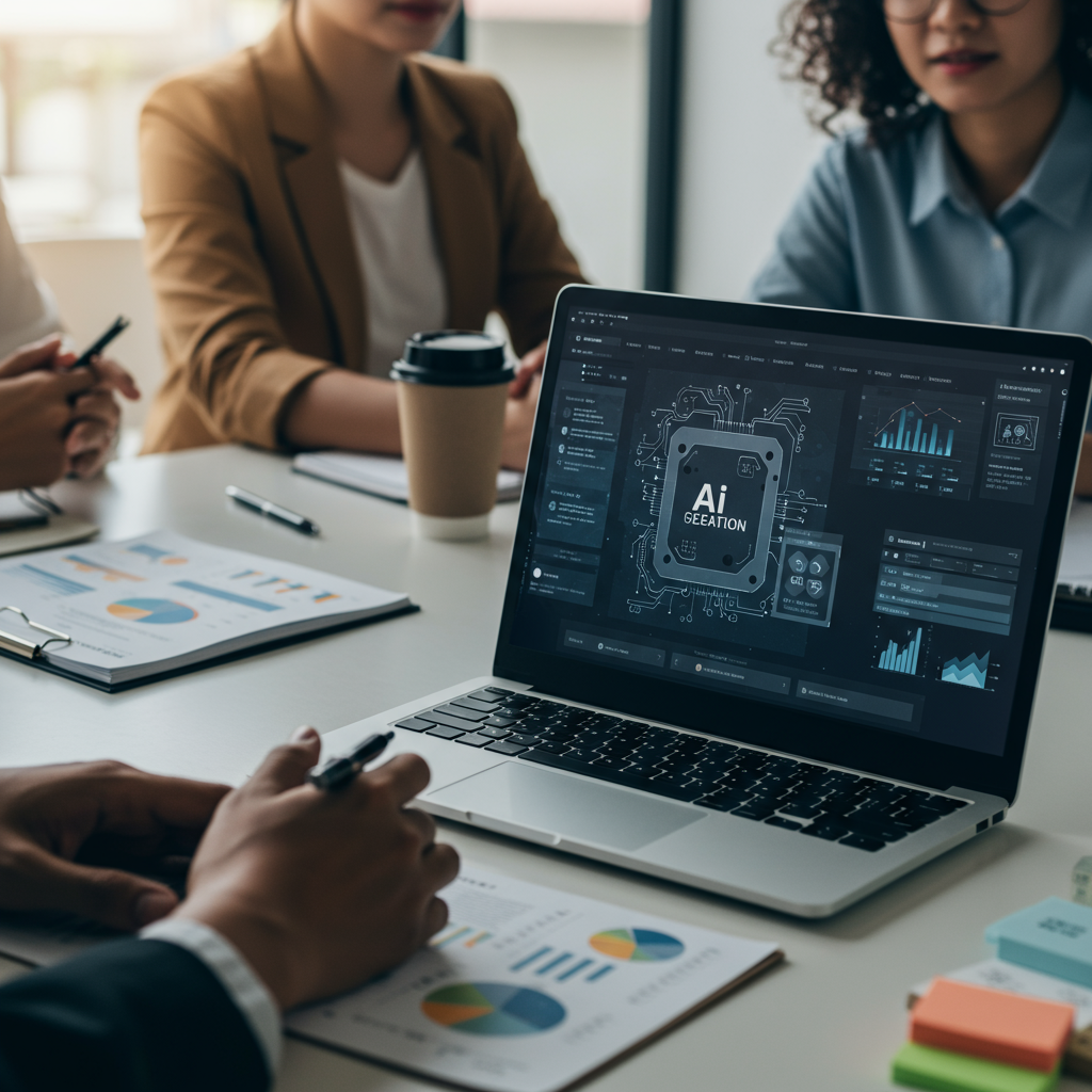 A modern office workspace with a laptop displaying AI content creation software, surrounded by diverse small business owners collaborating, symbolising AI-driven content creation for SMEs, with a clean and professional aesthetic