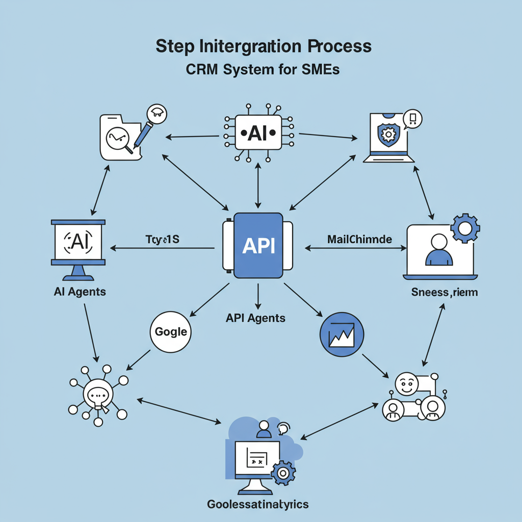 A step-by-step integration process of AI agents with CRM systems for SMEs, showing connection of AI to CRM via APIs, data flow between systems, and integration with other business tools like Google Analytics and Mailchimp, professional and clear visual style