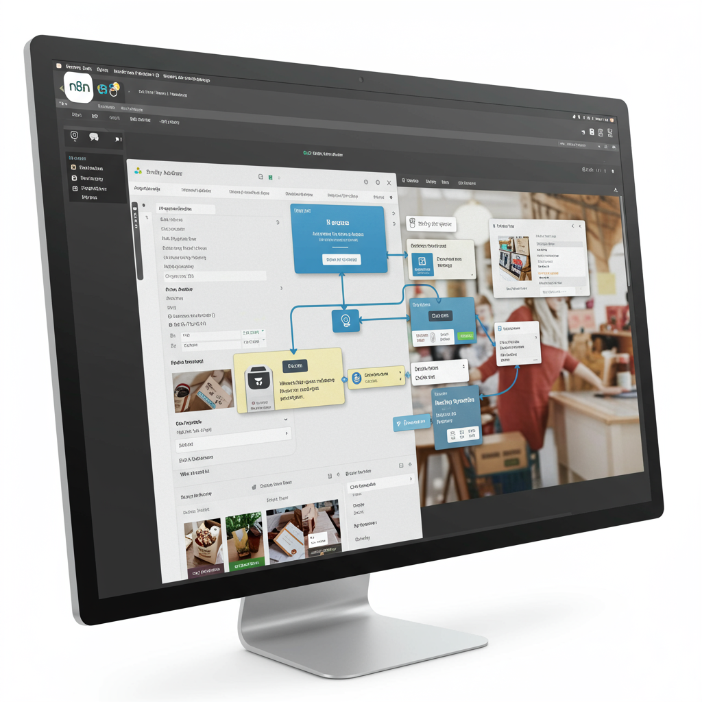 An e-commerce store manager automating Shopify workflows with n8n on a computer screen, showing order updates, inventory syncing, and customer notifications, vibrant online store environment
