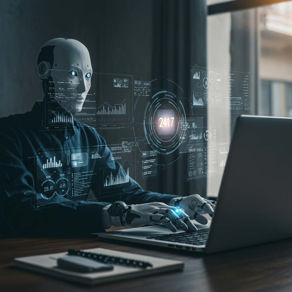 An AI virtual employee working autonomously on multiple digital tasks for a small business, showing 24/7 operation and multitasking in a modern office environment with a laptop and digital screens.