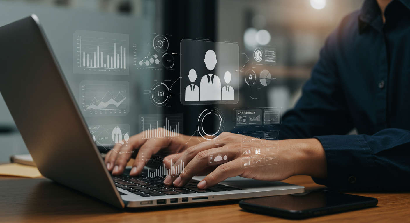 A small business owner using AI virtual employee software on a laptop, with digital data analytics and competitor research visuals in the background, modern office setting