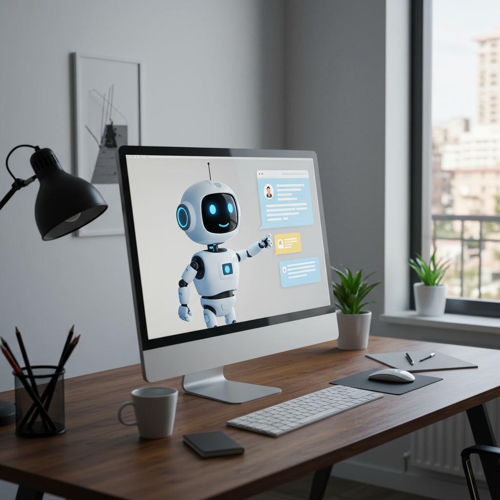 A friendly AI chatbot assisting customers on a computer screen, symbolising 24/7 customer support for small businesses, with a modern office background