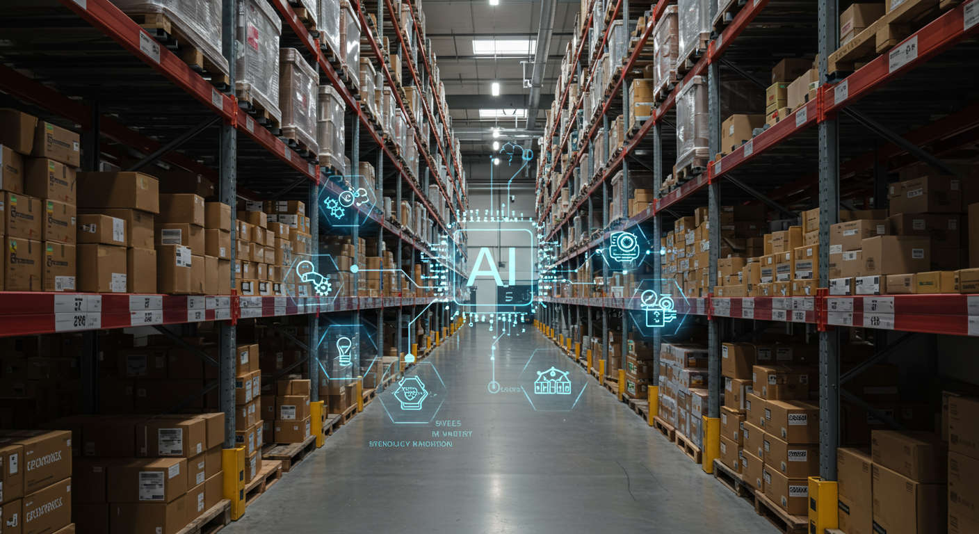 Modern ecommerce warehouse with AI technology overlay managing Shopify inventory automation