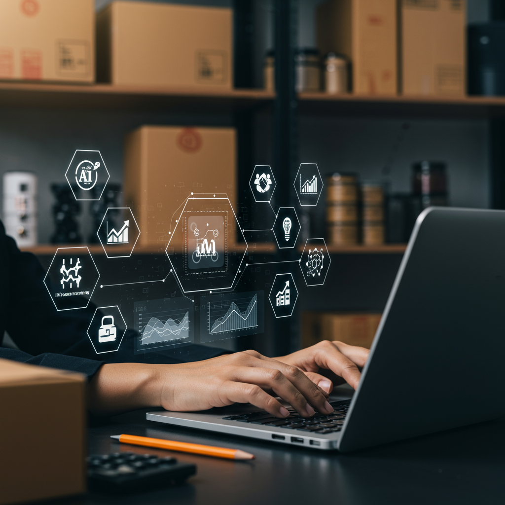 A small business owner using AI-powered inventory management software on a laptop, surrounded by shelves of organised stock, with icons representing demand forecasting, real-time stock tracking, and automated reordering in a modern office setting