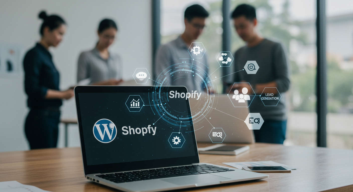 Modern workspace with laptop showing WordPress and Shopify logos, surrounded by AI and marketing icons, representing AI-powered lead funnels for SMBs and startups.